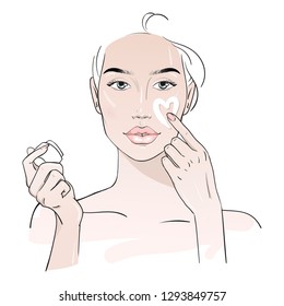 Yang woman applying face cream. Skin care routine. Fashion woman sketch. Spa beauty concept. Hand drawn vector illustration. 