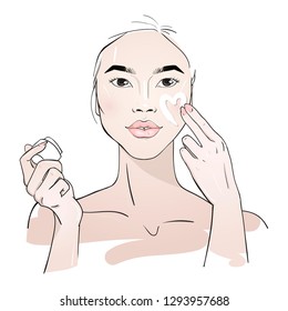 Yang woman applying face cream. Skin care routine. Fashion woman sketch. Spa beauty concept. Hand drawn vector illustration. 