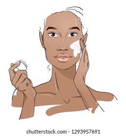 Yang woman applying face cream. Skin care routine. Fashion woman sketch. Spa beauty concept. Hand drawn vector illustration. 