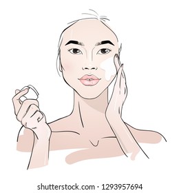 Yang woman applying face cream. Skin care routine. Fashion woman sketch. Spa beauty concept. Hand drawn vector illustration. 