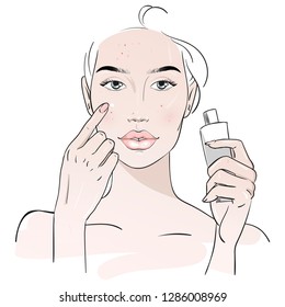 Yang woman applying lotion face skin treatment. Skin care routine.Fashion woman sketch.  Spa beauty concept. Vector illustration. Hand drawn fashion illustration.