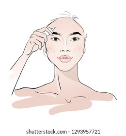 Yang woman applying lotion face skin treatment. Skin care routine.Fashion woman sketch.  Spa beauty concept. Vector illustration. Hand drawn fashion illustration.