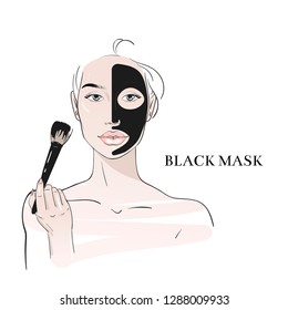 Yang woman applying mask. Skin care routine. Fashion woman sketch. Spa beauty concept. Hand drawn vector illustration. 