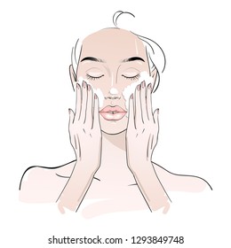 Yang woman cleaning her face with a foam treatment on white. Skin care routine. Fashion woman sketch. Spa beauty concept. Hand drawn vector illustration. 