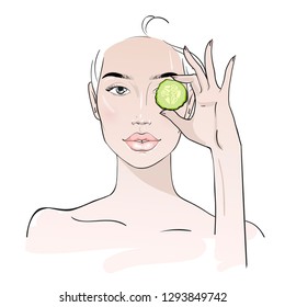 Yang woman holding a slice of cucumber . Spa skin care routine. Fashion woman sketch. Spa beauty concept. Hand drawn vector illustration.