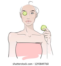 Yang woman holding a slice of cucumber in front of her face. Girl receiving spa treatments. Spa skin care routine. Fashion woman sketch. Spa beauty concept. Hand drawn vector illustration.
