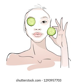 Yang woman holding a slice of cucumber . Spa skin care routine. Fashion woman sketch. Spa beauty concept. Hand drawn vector illustration.