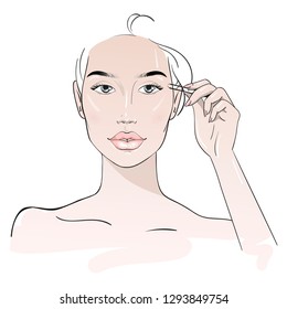 Yang woman plucking eyebrows. Hand plucking eyebrows. Fashion woman sketch. Spa beauty concept. Hand drawn vector illustration.