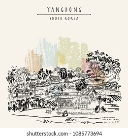 Yangdong folk village in Gyeongju, South Korea. Hand drawing in retro style. Travel sketch. Vintage touristic postcard, poster or book illustration in vector