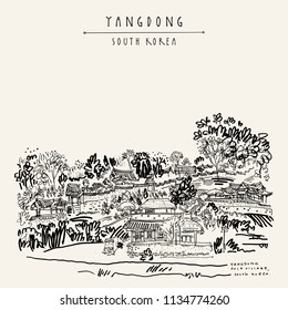 Yangdong folk village in Gyeongju, South Korea. Hand drawing in retro style. Travel sketch. Vintage touristic postcard, poster or book illustration in vector