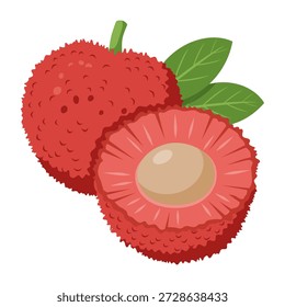 Yangmei Fruit Vector Illustration. Ripe Red Chinese Bayberry with Green Leaves Isolated on White Background. Also known as Yumberry or Waxberry