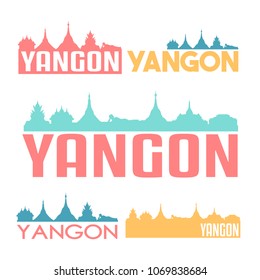 Yangon City Myanmar Flat Icon Skyline Vector. Illustration Silhouette Design Set Collection Logo.