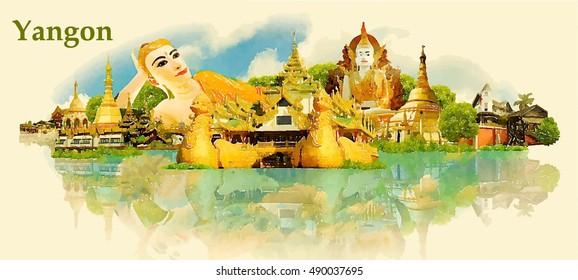 YANGON city water color vector panoramic illustration