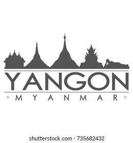 Yangon Myanmar Asia Skyline Silhouette Design City Vector Art Famous Buildings