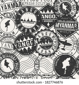 Yangon, Myanmar (Burma) Pattern of Stamps. Travel Passport Stamps. Made In Product. Design Seals in Old Style Insignia Seamless. Icon Clip Art Vector Collection.