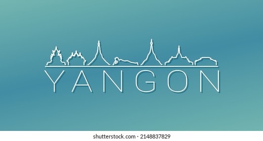 Yangon, Myanmar (Burma)) Skyline Linear Design. Flat City Illustration Minimal Clip Art. Background Gradient Travel Vector Icon.