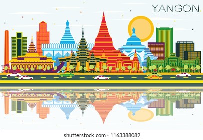 Yangon Myanmar City Skyline with Color Buildings, Blue Sky and Reflections. Vector Illustration. Business Travel and Tourism Concept with Historic Architecture. Yangon Cityscape with Landmarks.