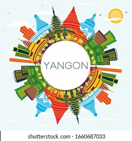 Yangon Myanmar City Skyline with Color Buildings, Blue Sky and Copy Space. Vector Illustration. Business Travel and Tourism Concept with Historic Architecture. Yangon Cityscape with Landmarks.