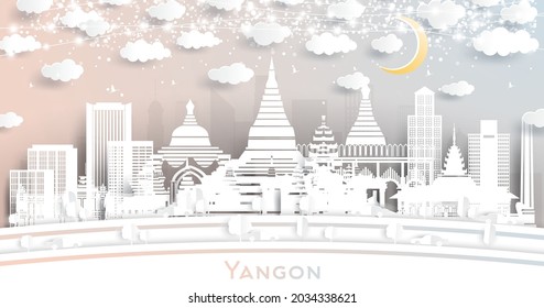 Yangon Myanmar City Skyline en un estilo de corte de papel con edificios blancos, Luna y Neon Garland. Ilustración vectorial. Concepto de viajes y turismo. El paisaje urbano de Rangún con monumentos.