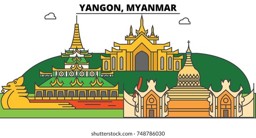 Yangon, Myanmar outline skyline, Burmese flat thin line icons, landmarks, illustrations. Yangon, Myanmar cityscape, Burmese vector travel city banner. Urban silhouette