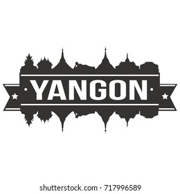 Yangon Myanmar, Skyline Silhouette City Vector Design Art Stencil.