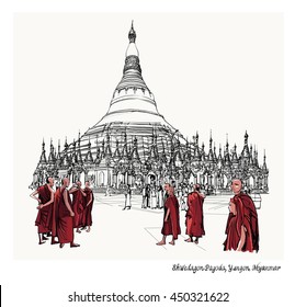 Yangon, Myanmar view of Shwedagon Pagoda - vector illustration