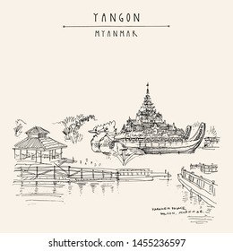 Yangon (Rangoon), Myanmar (Burma), Southeast Asia. The Karaweik Hall, also known as Karaweik Palace, on Kandawgyi Royal Lake. Hand drawn cityscape sketch. Travel art. Vintage artistic postcard. Vector