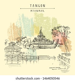 Yangon (Rangoon), Myanmar (Burma), Southeast Asia. The Karaweik Hall, also known as Karaweik Palace, on Kandawgyi Royal Lake. Hand drawn cityscape sketch. Travel art. Vintage artistic postcard. Vector