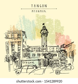 Yangon (Rangoon), Myanmar (Burma), Southeast Asia. The Central Fire Station on Sule Pagoda Road. Colonial architecture. Hand drawn cityscape sketch. Travel art. Vintage artistic EPS 10 vector postcard