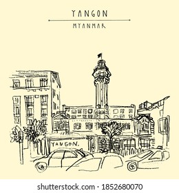 Yangon (Rangoon), Myanmar (Burma), Southeast Asia. The Central Fire Station on Sule Pagoda Road. Colonial architecture. Hand drawn cityscape sketch. Travel art. Vintage artistic EPS 10 vector postcard