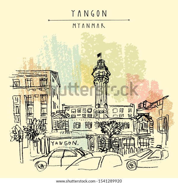Yangon (Rangoon), Myanmar (Burma), Southeast\
Asia. The Central Fire Station on Sule Pagoda Road. Colonial\
architecture. Hand drawn cityscape sketch. Travel art. Vintage\
artistic EPS 10 vector\
postcard