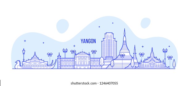 Rangún, Rangún, Myanmar. Esta ilustración representa la ciudad con sus edificios más notables. El vector es totalmente editable, cada objeto es holístico y móvil