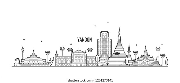 Rangún, Rangún, Myanmar. Esta ilustración representa la ciudad con sus edificios más notables. El vector es totalmente editable, cada objeto es holístico y móvil