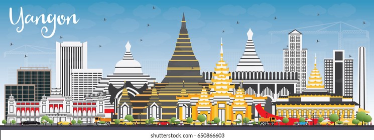 Yangon Skyline with Gray Buildings and Blue Sky. Vector Illustration. Business Travel and Tourism Concept with Historic Architecture. Image for Presentation Banner Placard and Web Site.