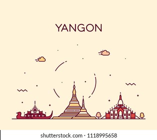 Yangon skyline, Myanmar. Trendy vector illustration, linear style