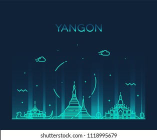 Yangon skyline, Myanmar. Trendy vector illustration, linear style