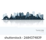 Yangon skyline silhouette with reflection. Landscape Yangon, Myanmar. Vector illustration.