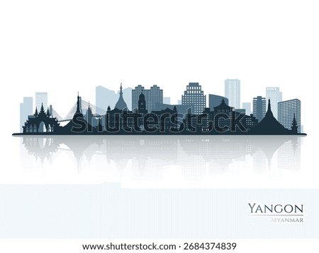 Yangon skyline silhouette with reflection. Landscape Yangon, Myanmar. Vector illustration.