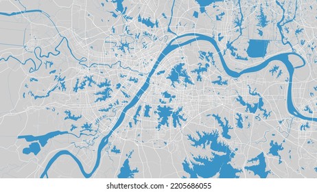 Yangtze river map, Wuhan city, China. Watercourse, water flow, blue on grey background road street map. Detailed silhouette vector illustration.