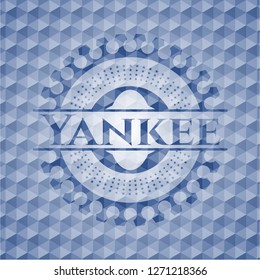 Yankee blue emblem or badge with geometric pattern background.