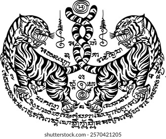 "Yant Suea Khu" is a Thai traditional tattoo featuring the image of two tiger, The meaning is power, courage, and protection. 