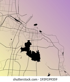 Yantai, Shandong, China - Urban vector city map with parks, rail and roads, highways, minimalist town plan design poster, city center, downtown, transit network, street blueprint