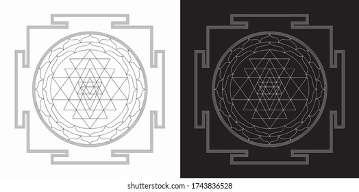 Yantra diagram, very precise and correctly created.
 Yantra, translated from Sanskrit machine, is a mystical diagram
 used for the worship of deities in temples or at home as an aid in meditation