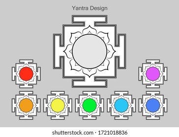 Yantras set icon, copy space. Sacred Indian Geometry Mystical Meditative Diagram. Set of sri yantras for six chakras: Muladhara, Swadhistan, Manipura, Anahata, Vishudha, Ajna, Sahasrara for meditation