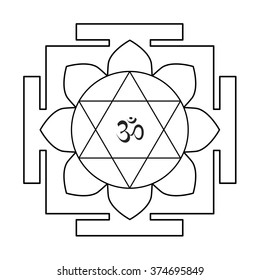 Yantra.Sacred geometry buddhism symbol.Vector line object,background.Vector meditation,religion sign.Futuristic mystery design,shape.Sound aum,indian symbol