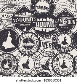Yaounde, Cameron Pattern of Stamps. Travel Passport Stamps. Made In Product. Design Seals in Old Style Insignia Seamless. Icon Clip Art Vector Collection.