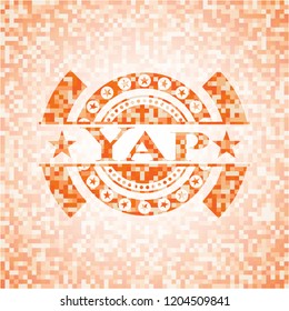 Yap abstract emblem, orange mosaic background