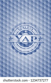 Yap blue badge with geometric pattern.