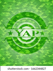 Emblema verde yap con fondo de mosaico. Ilustración vectorial. Detallado.