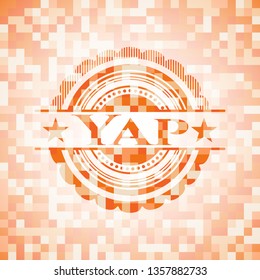 Yap orange tile background illustration. Square geometric mosaic seamless pattern with emblem inside.